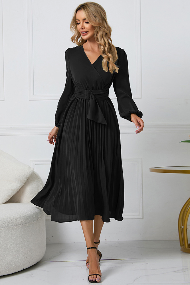 anyfreebie™-Slim fit pleated belted V-neck dress