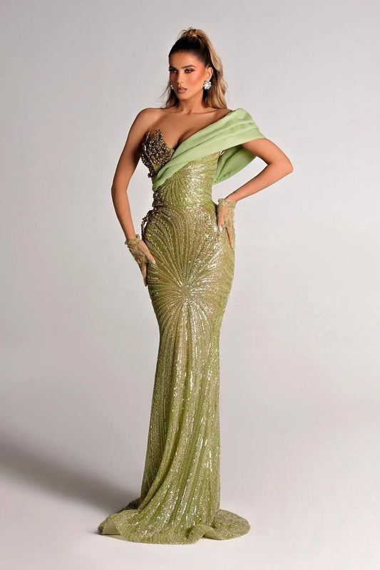 anyfreebie™-Green sequined waist one shoulder dress-vx