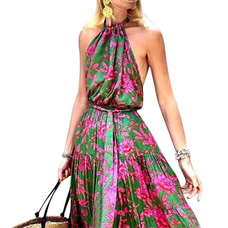 anyfreebie™-Summer Halter Sleeveless Floral Print Boho Dress for Women Pleated Stitching Maxi Dress High Waist Slim Lace Up Beach Dress 2024