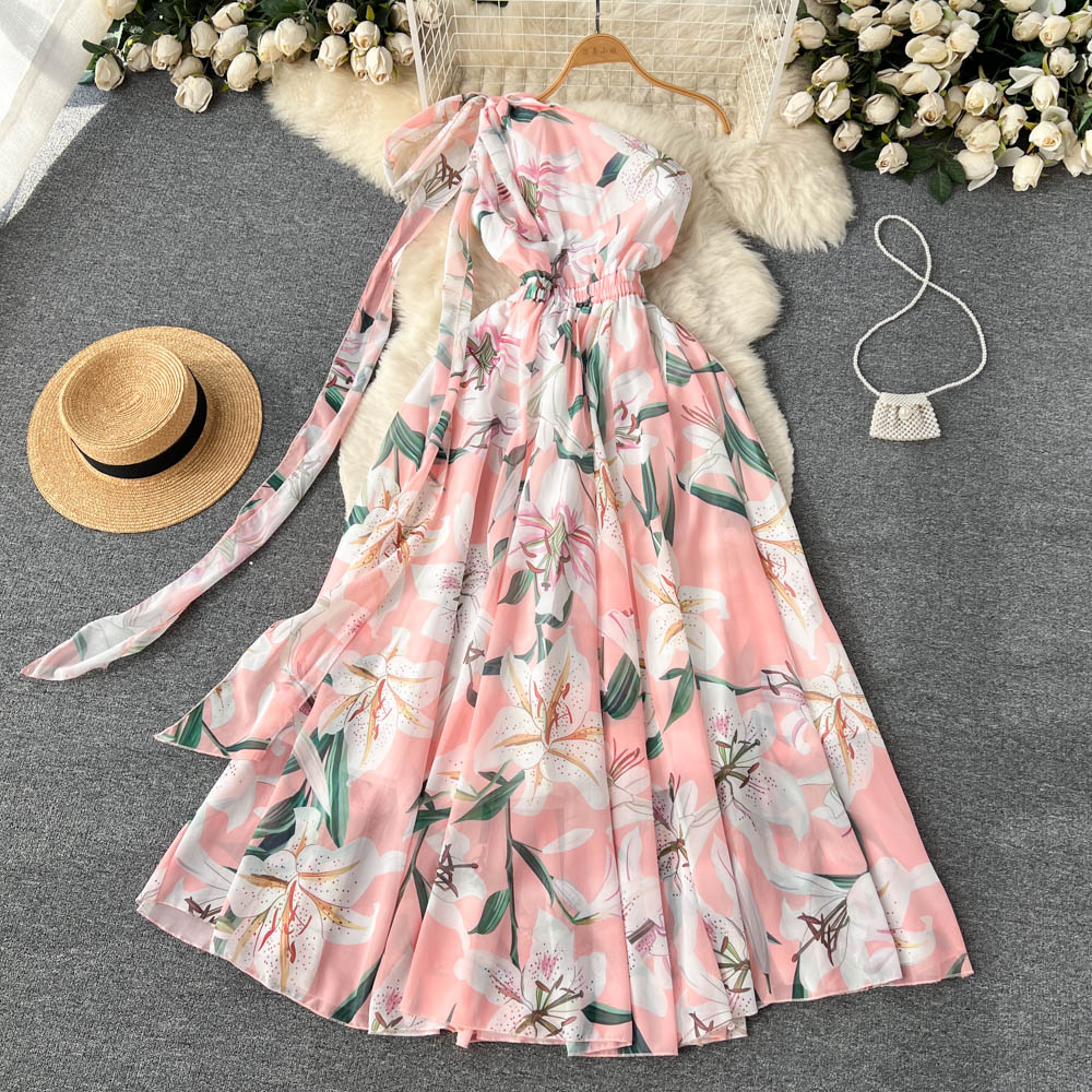 anyfreebie™-Summer Oblique Chiffon Bohemian Maxi Dress Women's Bow Off One Shoulder Floral Print High Waist Holiday Beach Long Dress