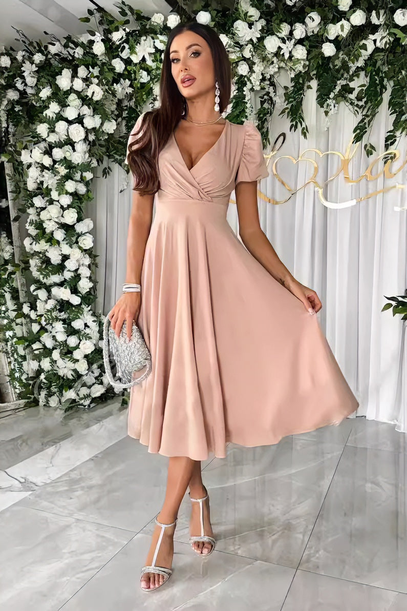 anyfreebie™-Sexy V-neck solid color short-sleeved midi dress