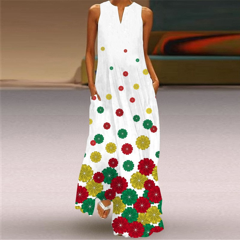 anyfreebie™- 3D Floral Printed Women Dress Summer Vintage V-neck Sleeveless Loose Maxi Dress Elegant Casual Ladies Party Dresses Vestidos