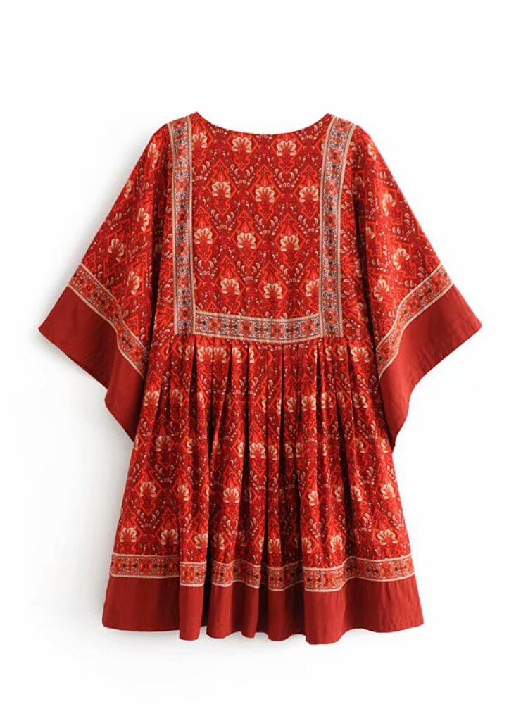 anyfreebie™- Vintage Chic Fashion Women Red Floral Print O-neck Loose Bohemian Mini Dresses Ladies Batwing Sleeve Cotton Beach Boho Dress