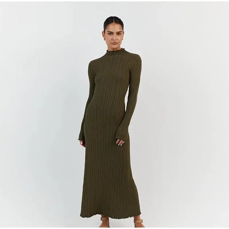 anyfreebie™- 2024 Autumn Winter Knitted Maxi Dress Elegant Women Long Sleeve Slim Pleated Robe Club Party Bodycon Long Dress Vestidos