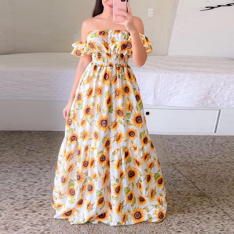 anyfreebie™-Sexy Off The Shoulder Tube Top Dress Butterfly Rainbow Floral Print Dress Ladies Elegant Slim Summer Bohemian Party Maxi Dresses