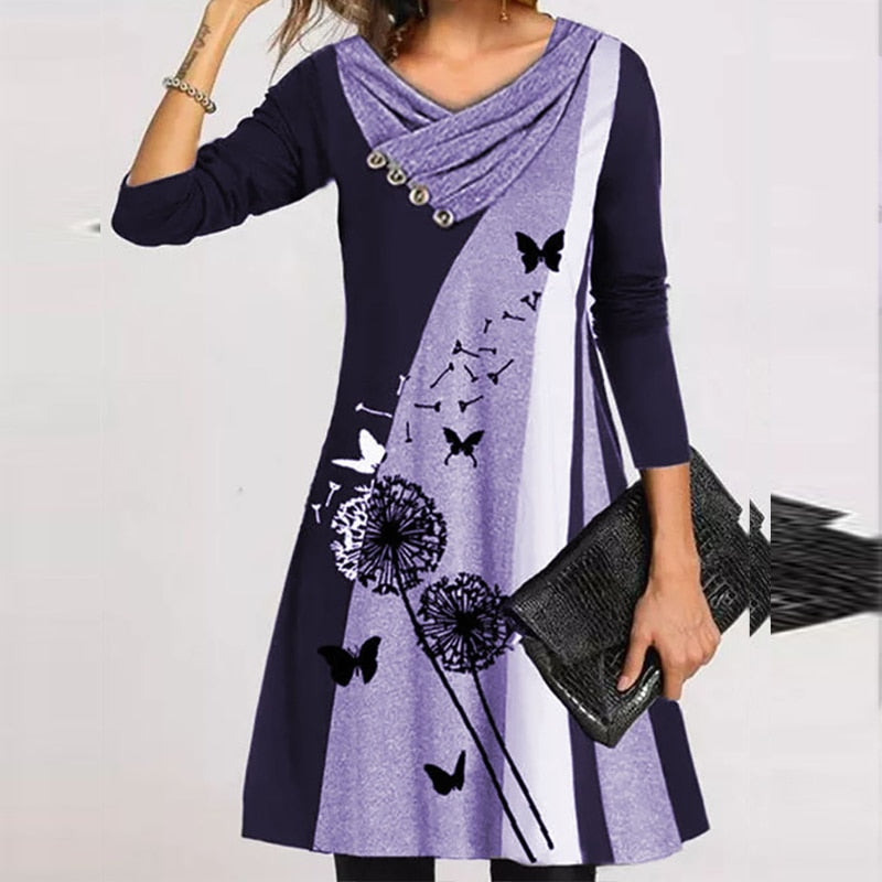 anyfreebie™ - Fashion Long Sleeve V Neck Midi Dress Autumn Ladies Button Splicing Loose Dress New Vintage Geometric Puzzle Print A-line Dress