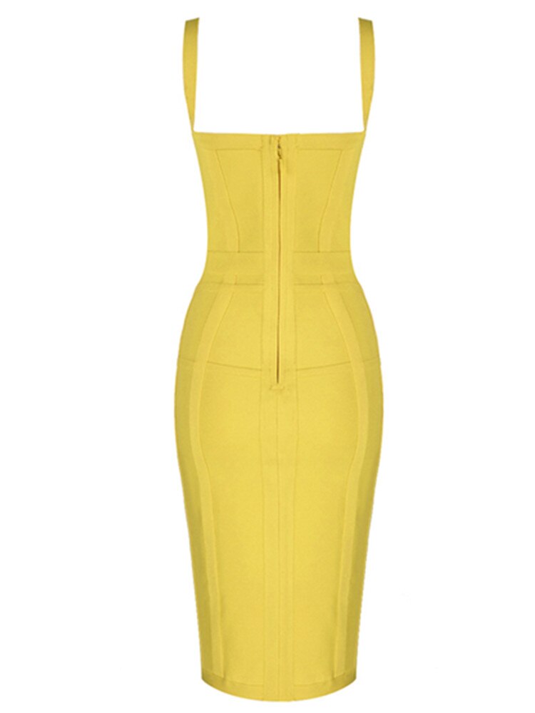 anyfreebie™-Sexy Sleeveless V Neck Yellow Midi Women Bodycon Bandage Dress 2024 Designer Fashion Evening Party Dress Vestido