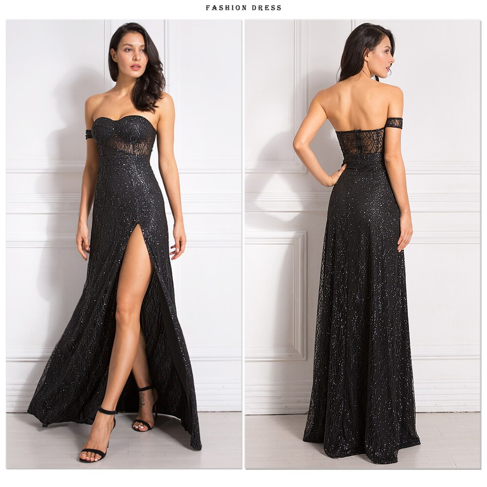 anyfreebie™-One Sleeve Strapless Long Ball Gown Split Leg Hollow Out Padded Black Glittered Party Maxi Dress