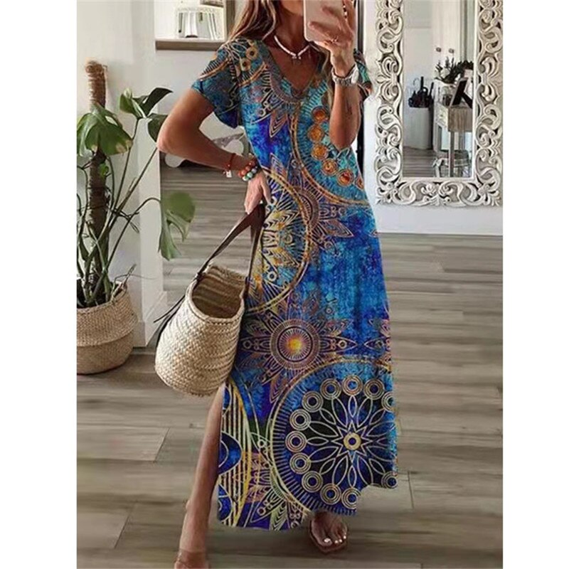 anyfreebie™- Vintage Print Maxi Dress Women 2024 Summer Elegant V Neck Short Sleeve Loose Split Casual Dress Female Party Boho Beach Vestidos