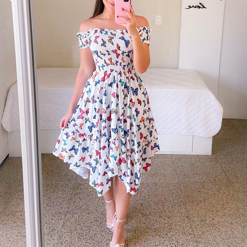 anyfreebie™-Sexy Off The Shoulder Tube Top Dress Butterfly Rainbow Floral Print Dress Ladies Elegant Slim Summer Bohemian Party Maxi Dresses