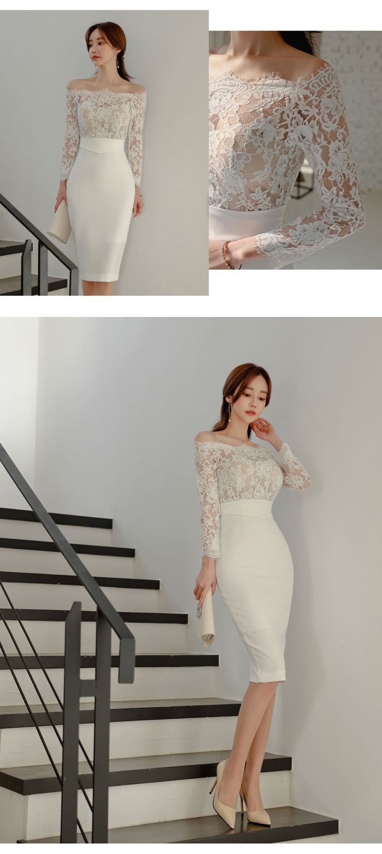 anyfreebie™-new arrival fashion korean spring midi party dress women OL temperament lace perspective sexy off-shoulder holiday pencil dress