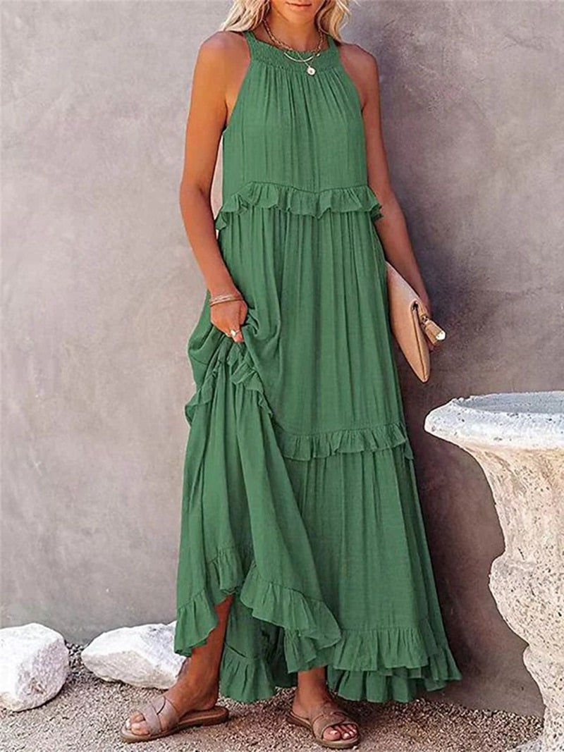 anyfreebie™-Summer Loose Long Dress Women Casual Elegant Ruffle Halter Sleeveless Female Party Outfits Beach Maxi Dresses Green Tie-Up Robe