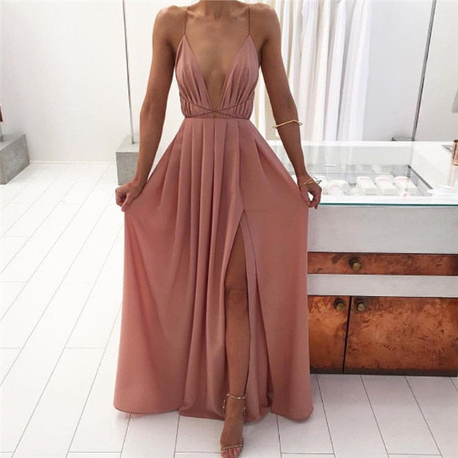 anyfreebie™-Summer Maxi Dress Women Solid Color Sexy Deep V-Neck Sleeveless Spaghetti Strap Backless High Split Long Sundress Vestidos