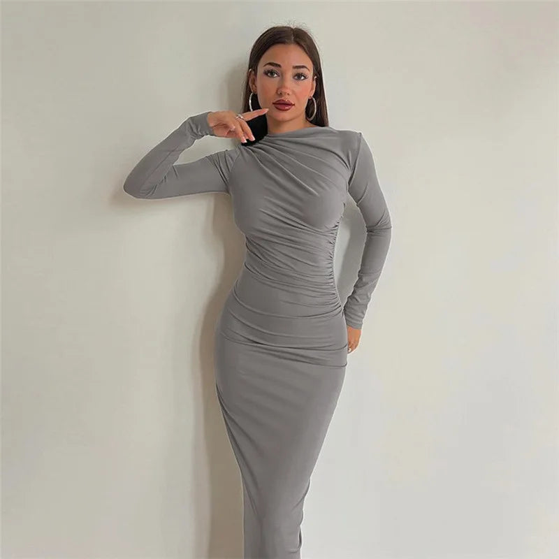 anyfreebie™-Fashionable round neck long sleeve slim fit hip-hugging solid color elegant dress