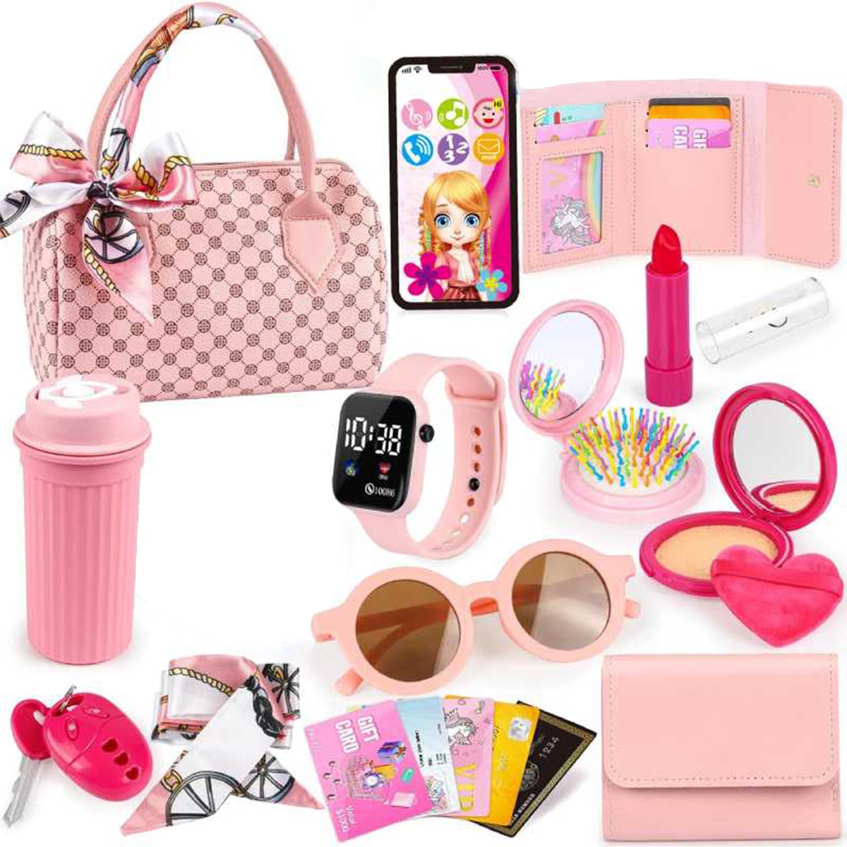 🎁Girls' Pretend Play Handbag Set with Makeup Phone Accessories (17 PCS)