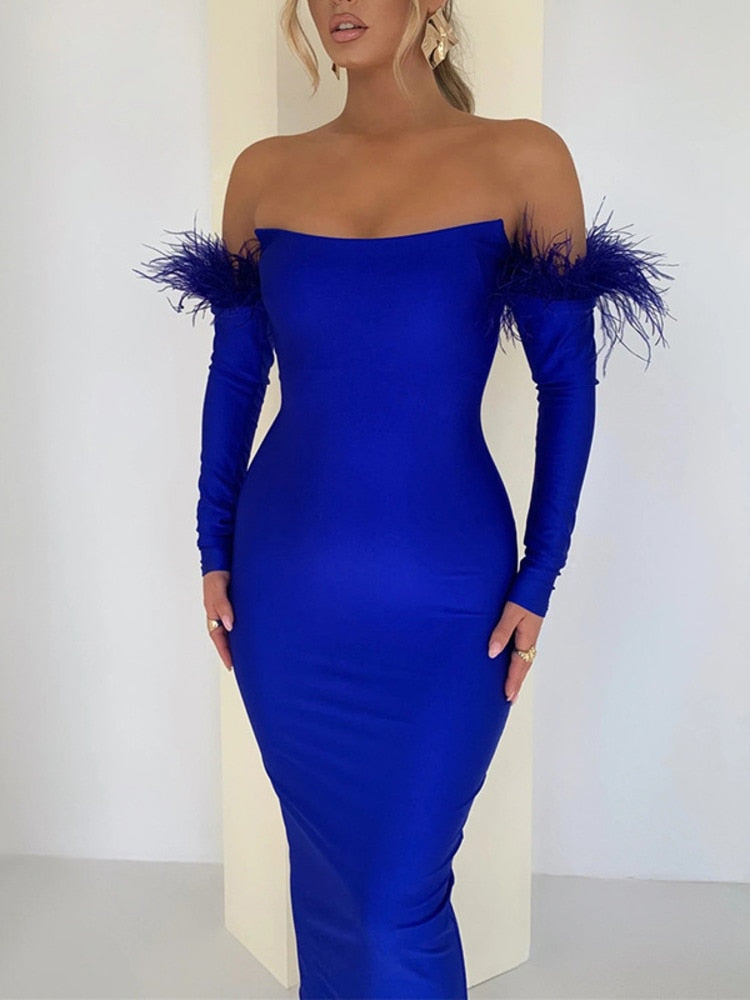 anyfreebie™-Party Dresses For Women Outfits Elegant Off-shoulder Feather Sleeve Maxi Dress Women New Strapless Backless Bodycon Long Dress Vestido