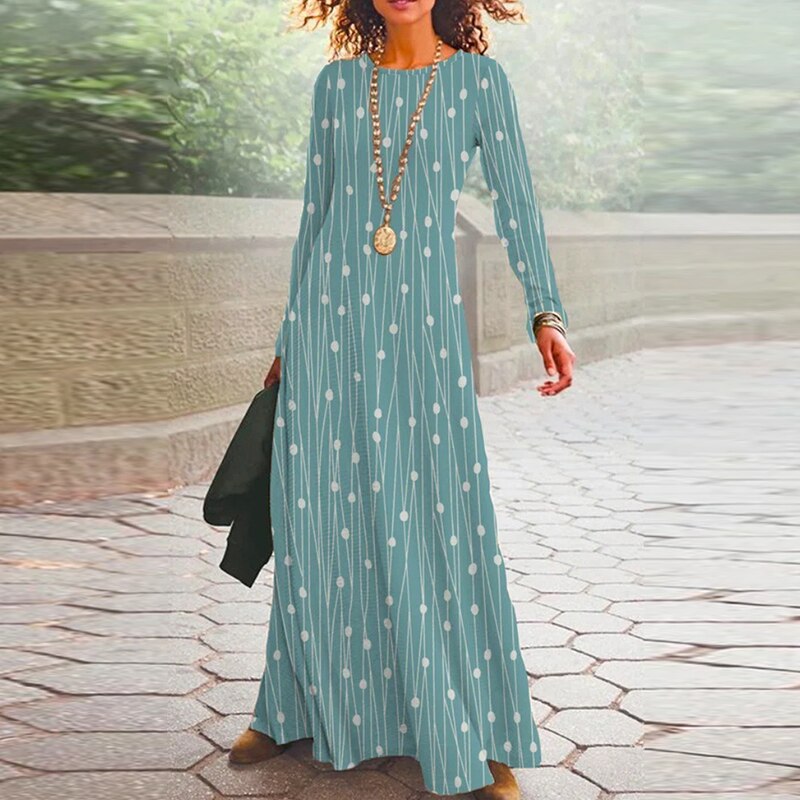 anyfreebie™- 2024 Spring Geometric Print Long Party Dress Women Elegant O Neck Office Maxi Dress Autumn Long Sleeve Hem Boho Lady Dress Mujer