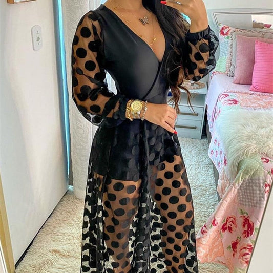 anyfreebie™-Women's Clothing Spring Polkadot Print Wrap Long Sleeve Maxi Dress See Through Party Wedding Formal Elegant Boho V Neck