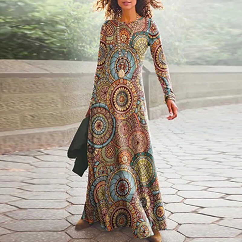 anyfreebie™- 2024 Spring Geometric Print Long Party Dress Women Elegant O Neck Office Maxi Dress Autumn Long Sleeve Hem Boho Lady Dress Mujer