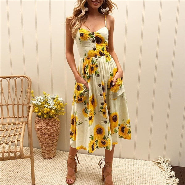 anyfreebie™- Boho Sexy Floral Dress Summer Vintage Casual Sundress Female Beach Dress Midi Button Backless Polka Dot Striped Women Dress