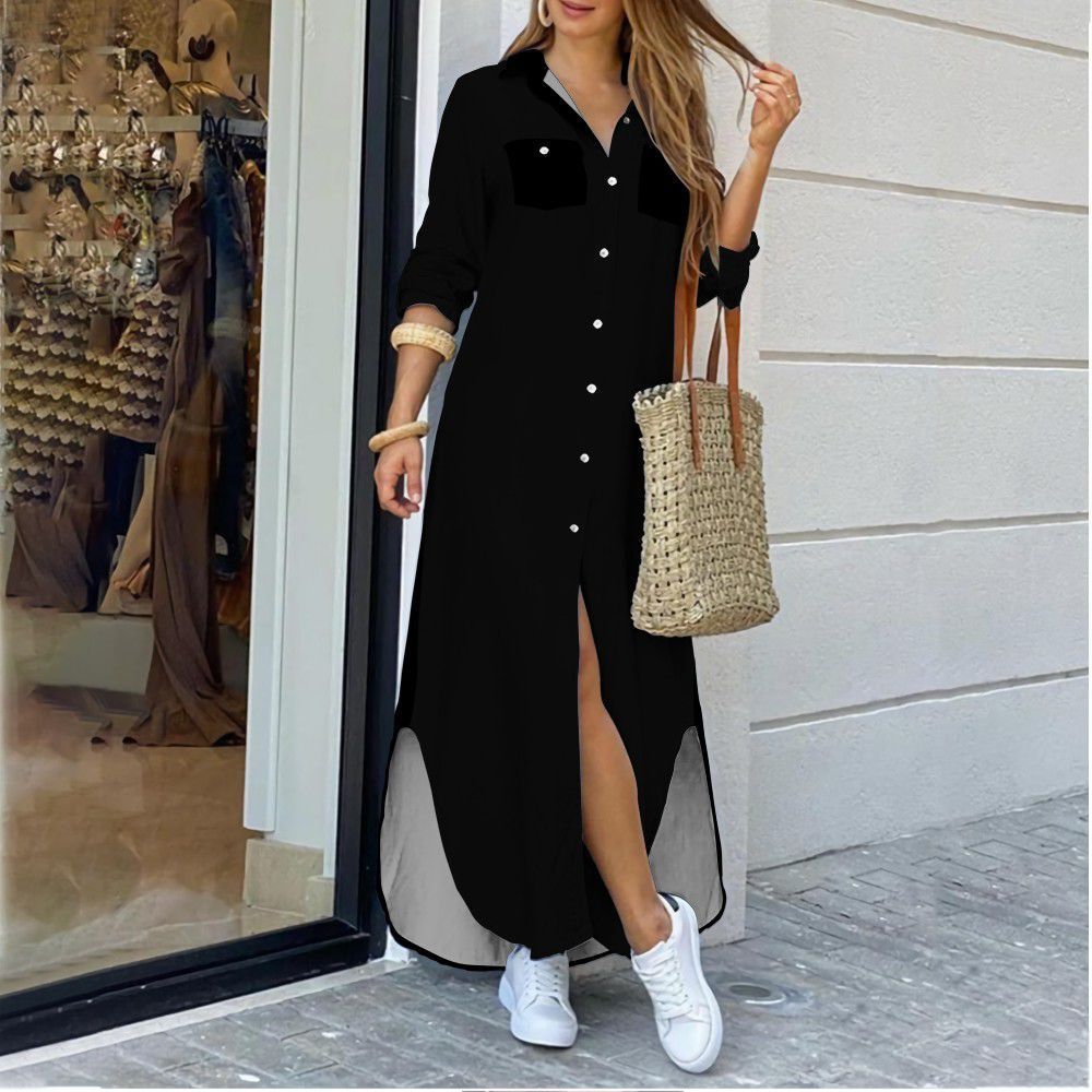 anyfreebie™- Casual Long Shirt Dress Autumn Women Long Sleeve Maxi Dresses Laides Turn-down Collar Office Dresses Loose Sundress Robe Longue