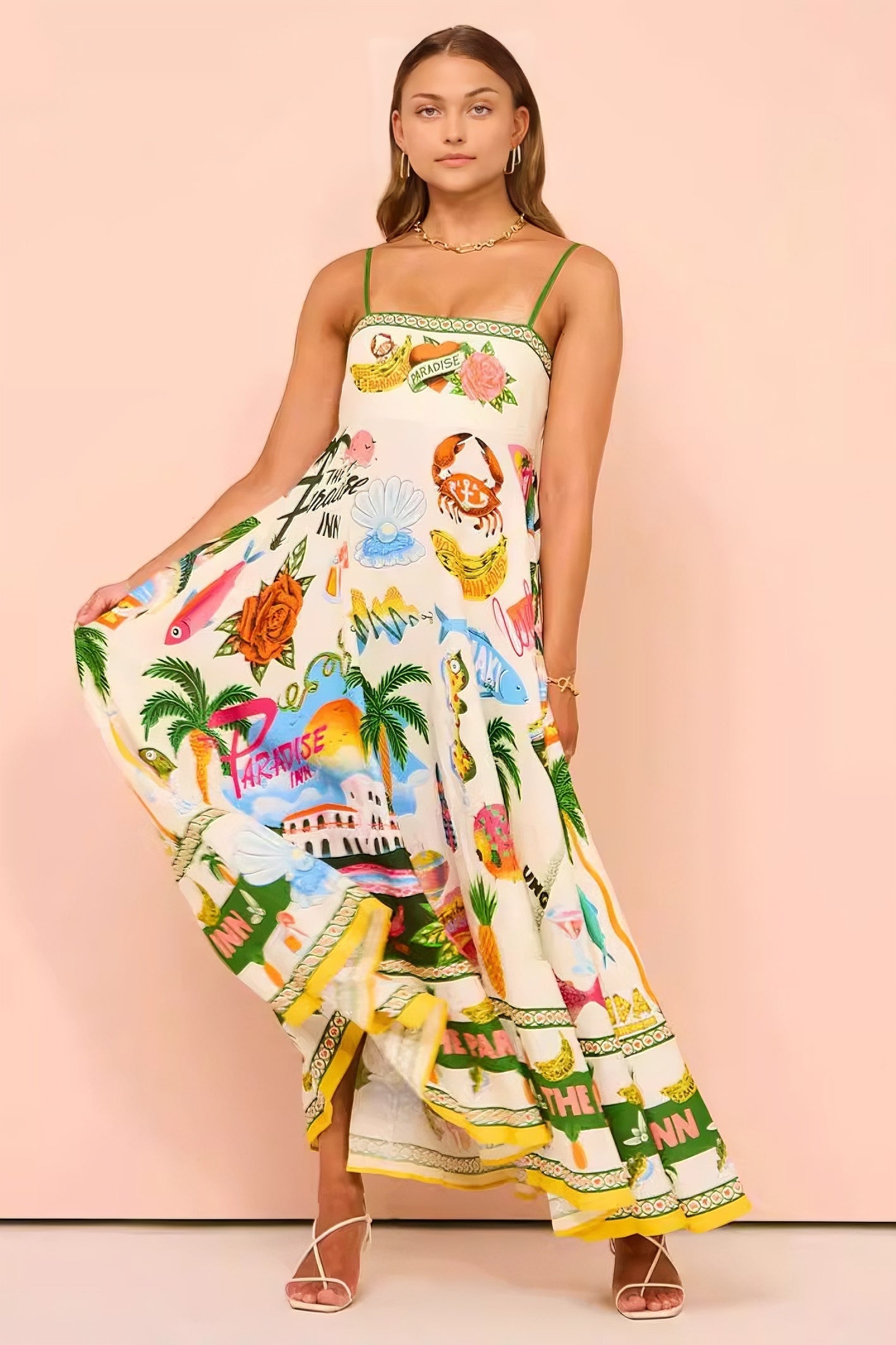 anyfreebie™-Sling graffiti print sleeveless full skirt dress