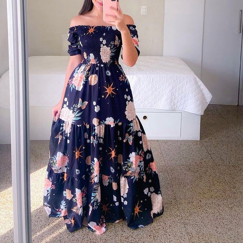 anyfreebie™-Sexy Off The Shoulder Tube Top Dress Butterfly Rainbow Floral Print Dress Ladies Elegant Slim Summer Bohemian Party Maxi Dresses