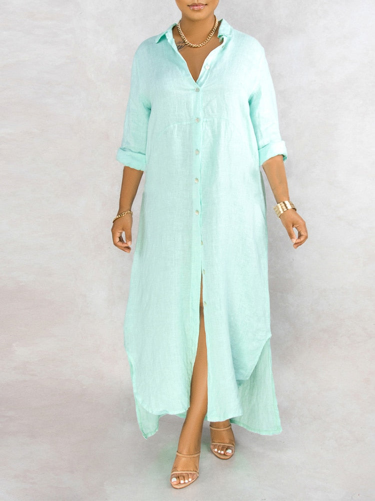 anyfreebie™-Solid Button Maxi Shirt Dress