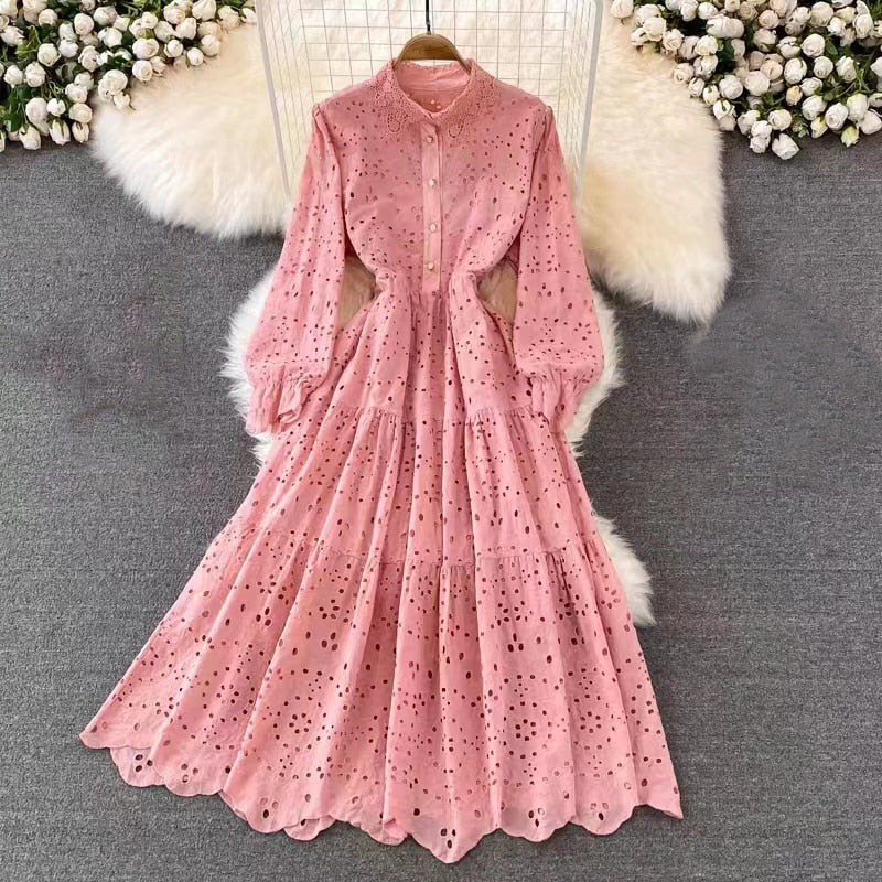 anyfreebie™-Vintage Elegant Women Summer Embroidery Hollow Out Midi Long Dresses Lady Boho A Line Vestidos Elbise Frocks Vestidos Za