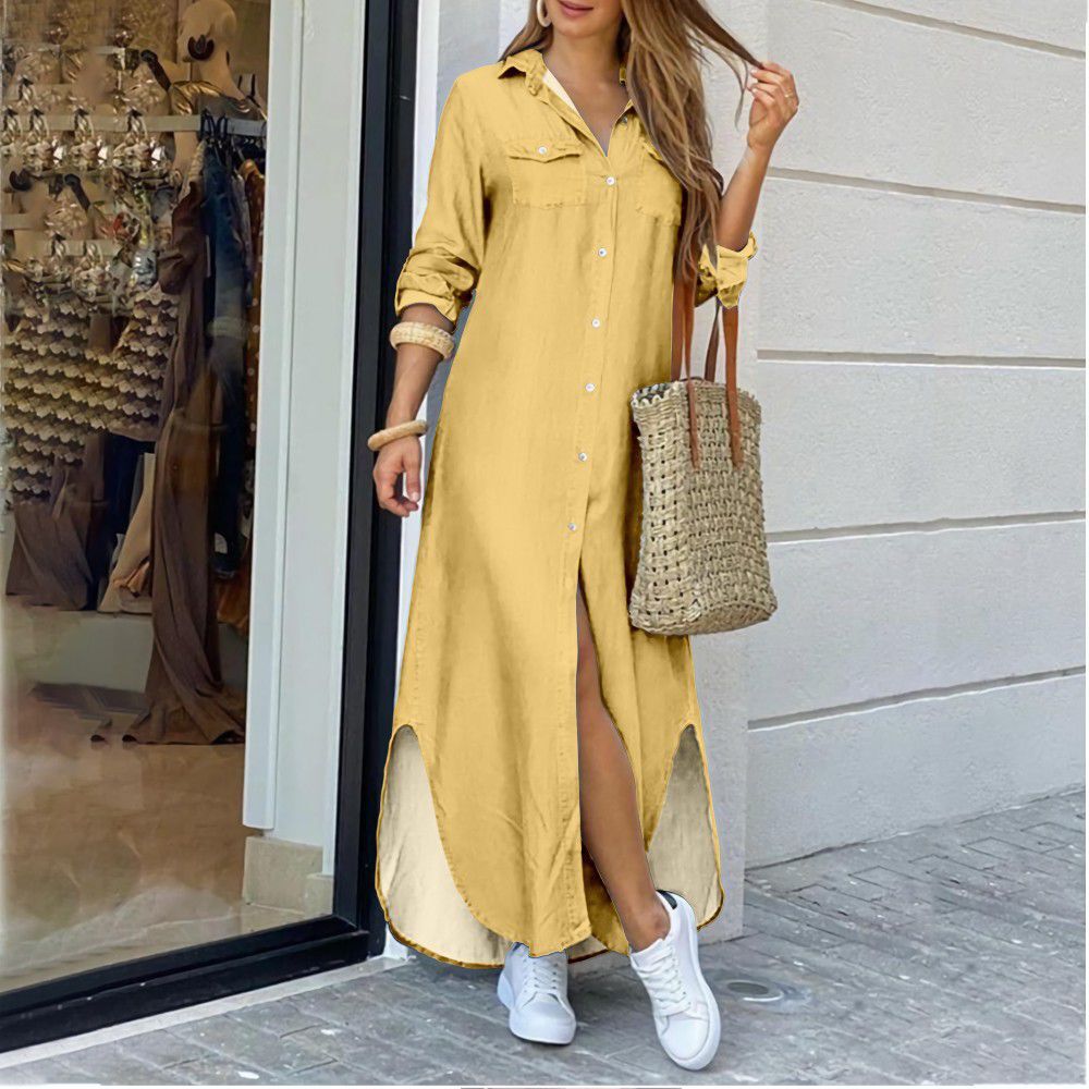 anyfreebie™- Casual Long Shirt Dress Autumn Women Long Sleeve Maxi Dresses Laides Turn-down Collar Office Dresses Loose Sundress Robe Longue