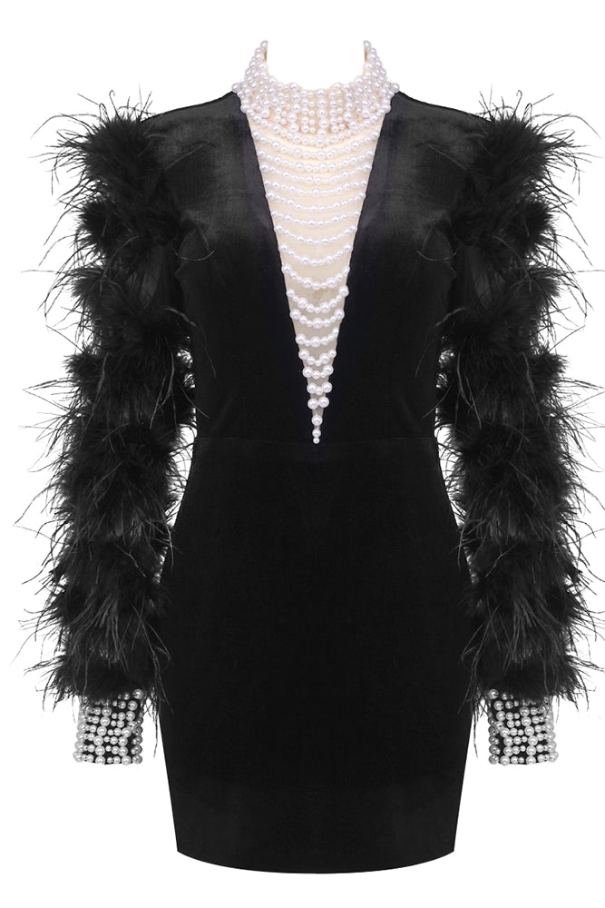 anyfreebie™-Black velvet ostrich feather pearl dress-vx