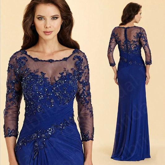 anyfreebie™- Latest Royal Blue Lace Mother of the Bride Dresses Jewel Neck With 3/4 Sleeves Wedding Party Gowns Applique Beaded