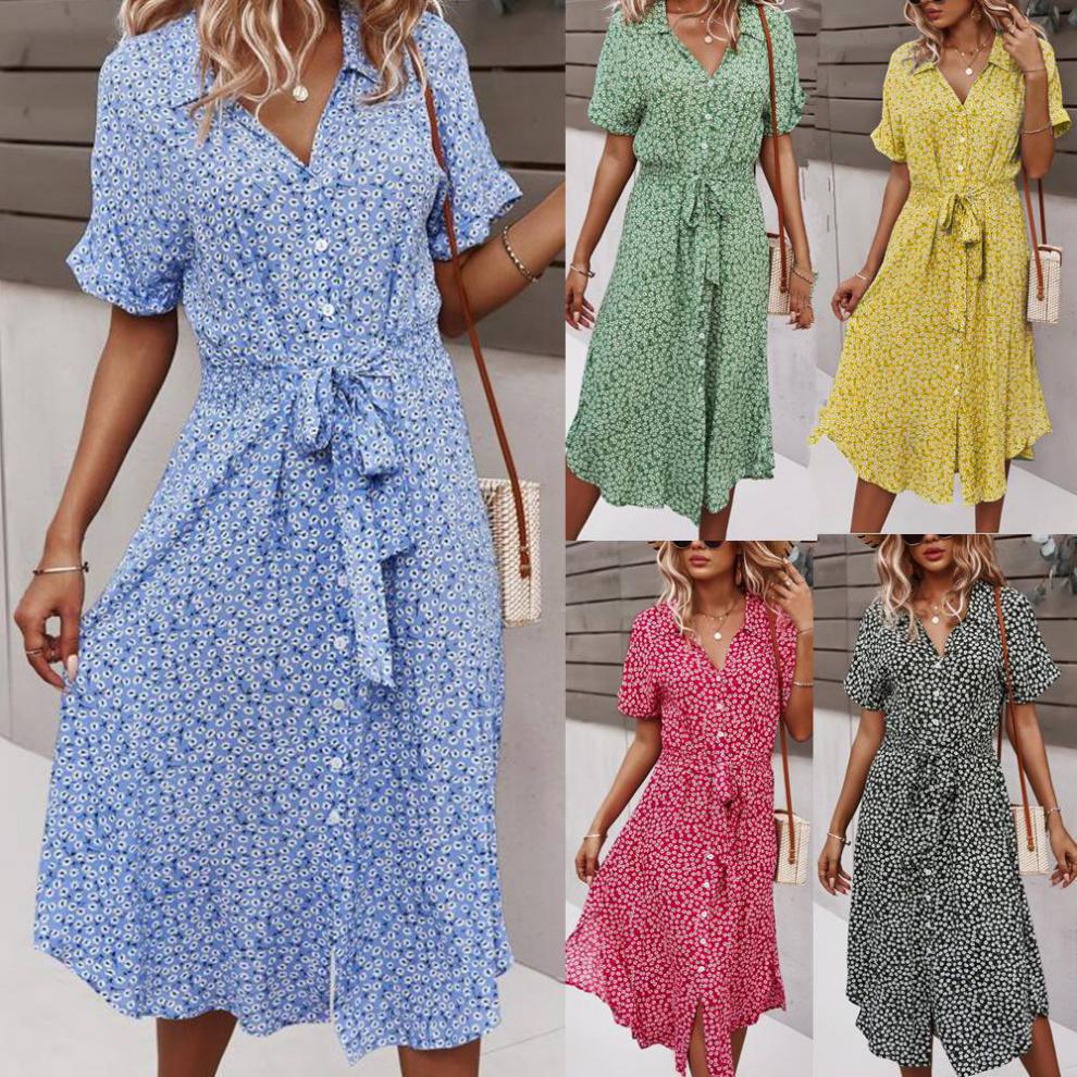 anyfreebie™-2024 Summer Puff Sleeve Long Dress Women Elegant Printed V-Neck Maxi Dresses Boho Drawstring Loose Holiday Beach Dress