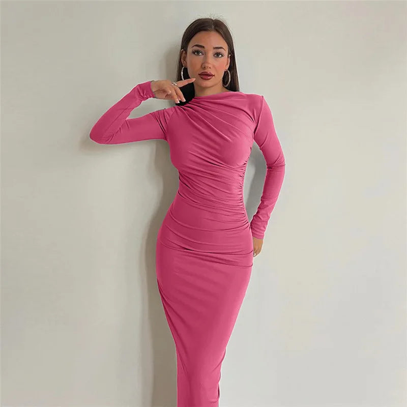 anyfreebie™-Fashionable round neck long sleeve slim fit hip-hugging solid color elegant dress