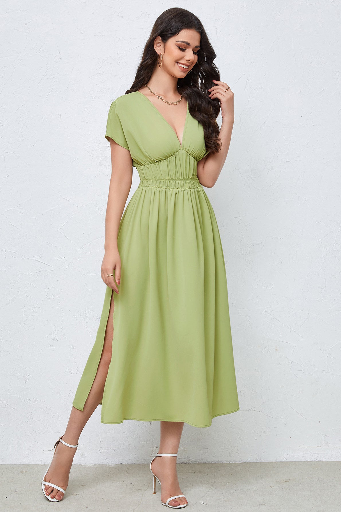 anyfreebie™-V-neck dress backless high waist solid color dress