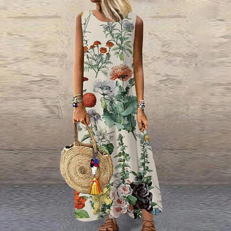 anyfreebie™-Vintage Floral Printed Women Sleeveless Sundress Summer Loose Casual Beach Long Dress Ladies Bohemia Maxi Dresses Party Vestidos