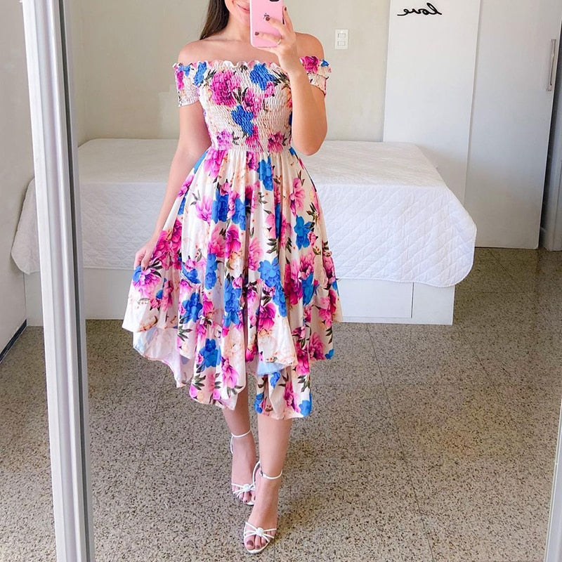 anyfreebie™-Sexy Off The Shoulder Tube Top Dress Butterfly Rainbow Floral Print Dress Ladies Elegant Slim Summer Bohemian Party Maxi Dresses