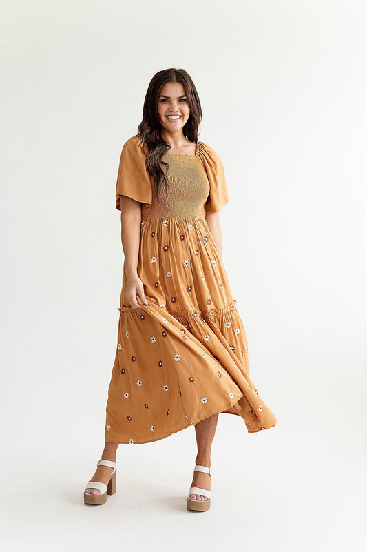 loveedsTM-Clementine Embroidered Dress in Camel