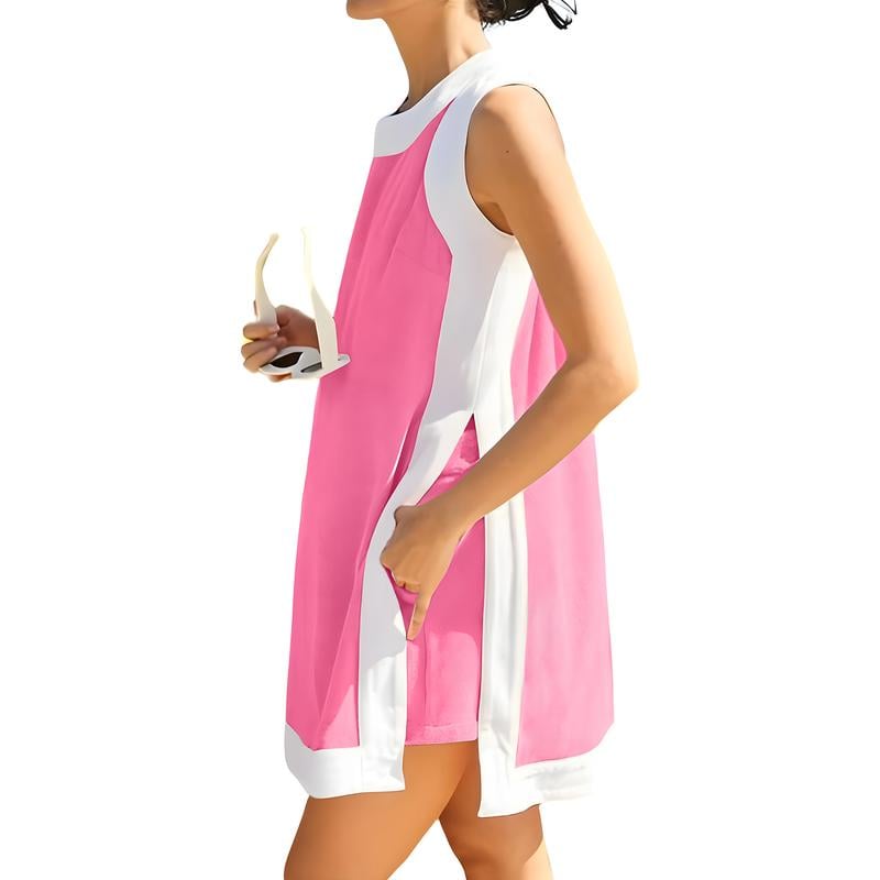 🎁Women's 2-Piece Sets Color Block Crewneck Sleeveless Top + Skirt & Shorts w/ Pockets
