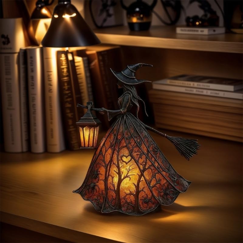 Halloween Witch Lamp - Gothic Spooky Witch Decor with Holding Lantern
