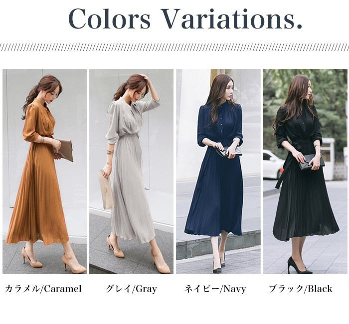 anyfreebie™- Elegant Chiffon Long Sleeve Shirt Dress Women Belt Lace Up A-line Pleated Maxi Dress Korean Fashion Fall Clothes Streetwear