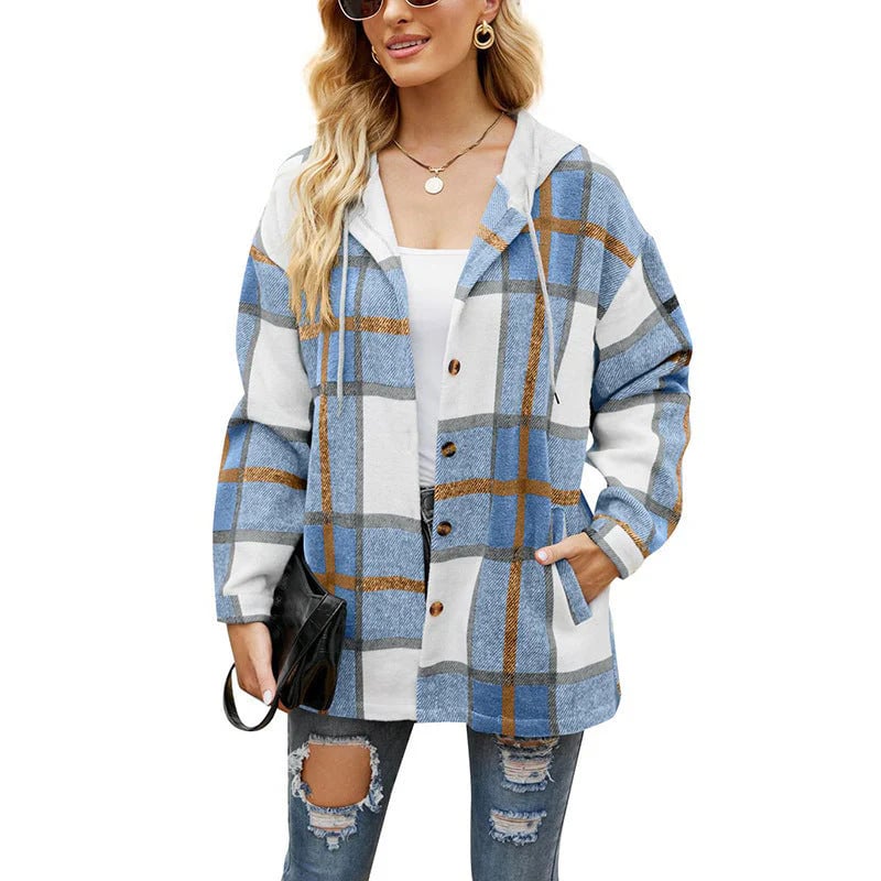 🔥Women's Plaid Button Down Fleece Lined Hooded Jackets Warm Coat