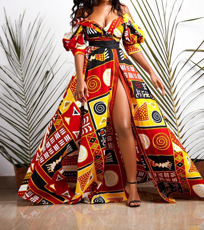 anyfreebie™- Dashiki Print Ankara Dresses African Women Clothes Summer Bohe Sexy V-neck Backless Slit Maxi Dress Kanga Clothing Plus Size