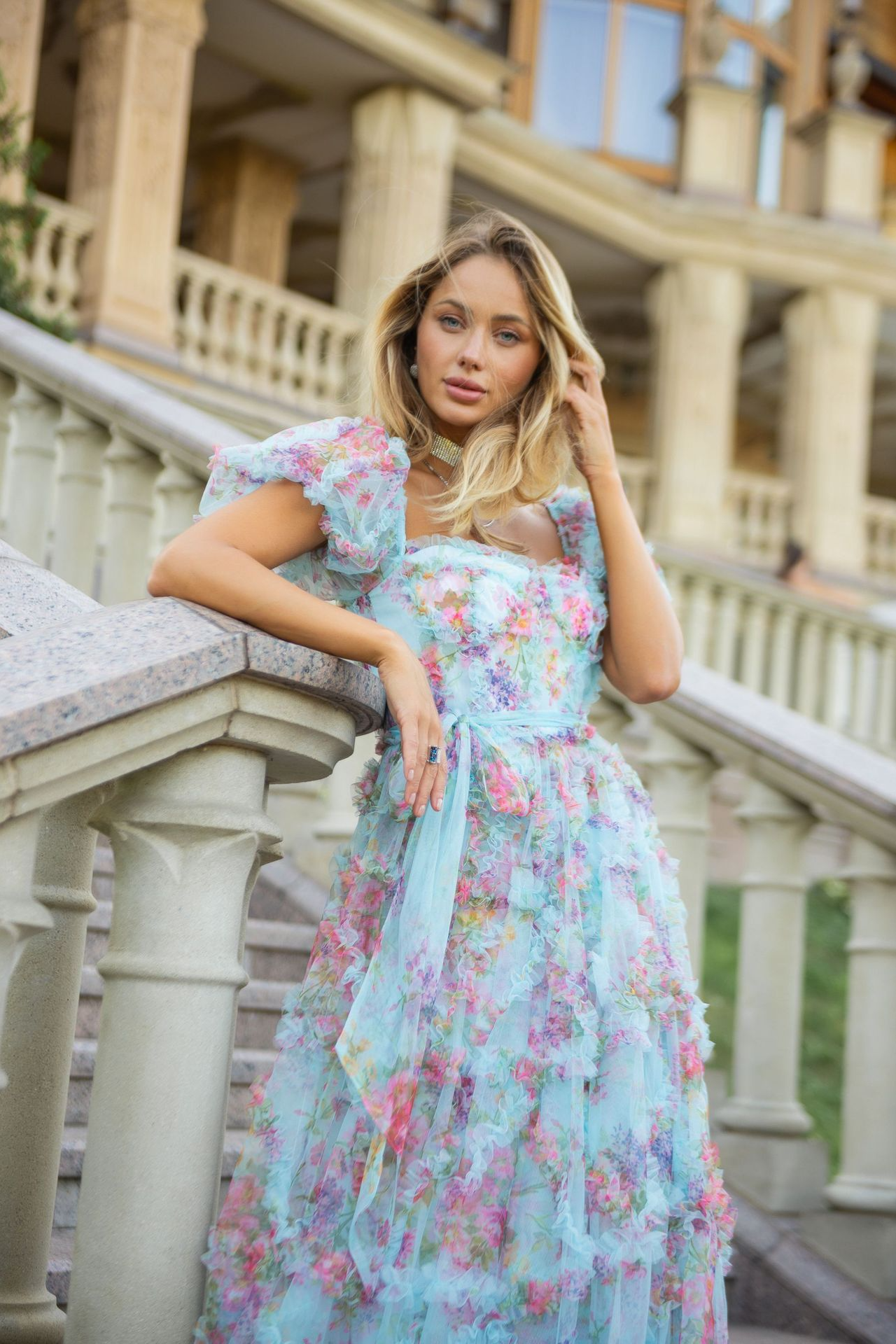 anyfreebie™-Sweet and fresh puff-sleeved floral mesh dress with earrings