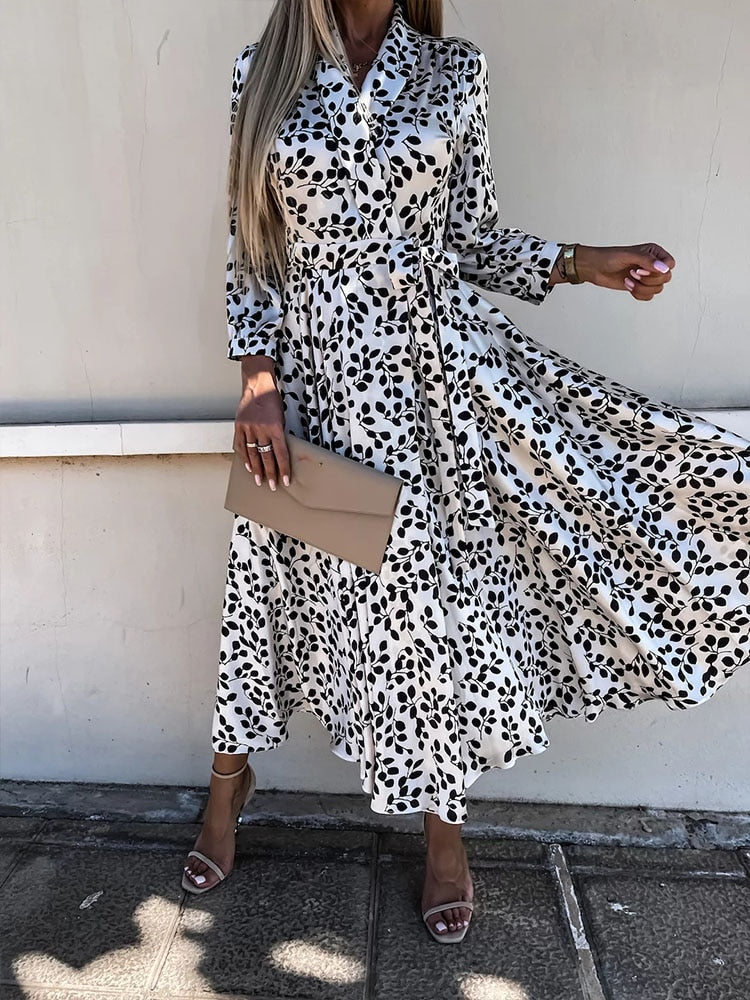 anyfreebie™-Women Casual Loose Commuter Dresses Spring Long Sleeve Vintage Print Boho Maxi Dress Fashion Lapel Chic Lace Up Party Dress