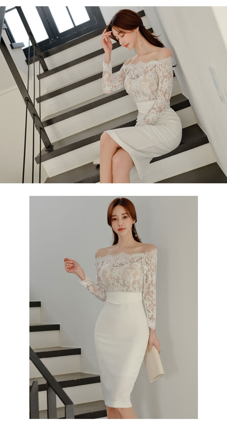 anyfreebie™-new arrival fashion korean spring midi party dress women OL temperament lace perspective sexy off-shoulder holiday pencil dress