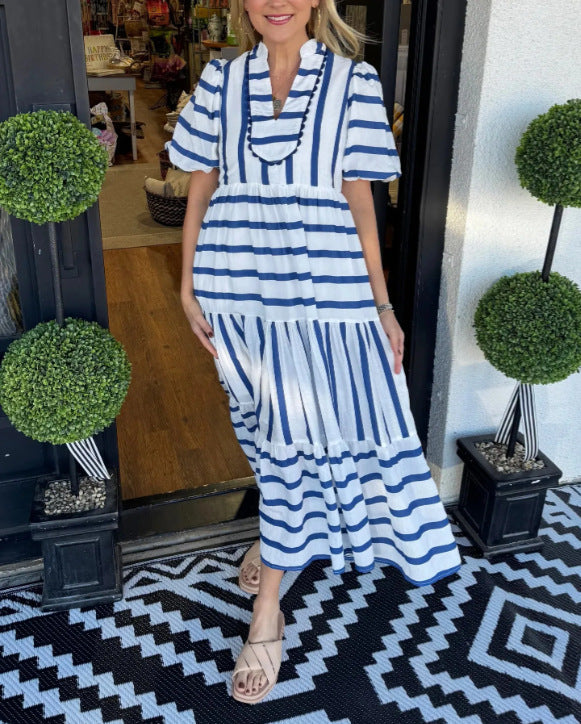 Striped V-Neck Flowy Midi Dress