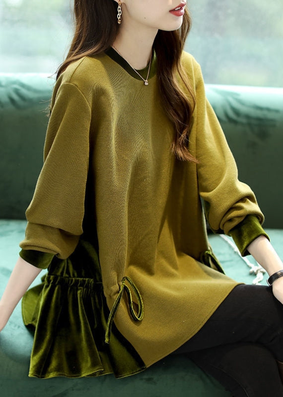 anyfreebie™-Loose Green O-Neck Patchwork Drawstring Sweatshirts Top Long Sleeve