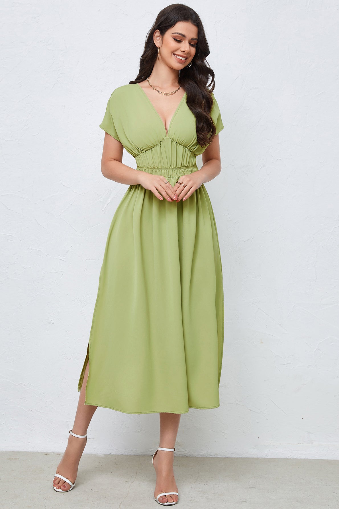 anyfreebie™-V-neck dress backless high waist solid color dress