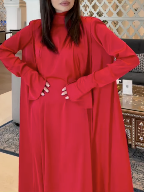 anyfreebie™- Flared Sleeves Long Sleeves Solid Color High-Neck Maxi Dresses